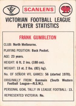 1974 Scanlens VFL #27 Frank Gumbleton Back